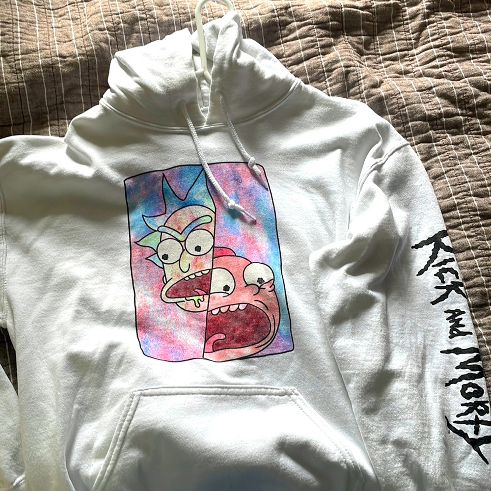 Rick and Mitty hoodie, size- M, color is white